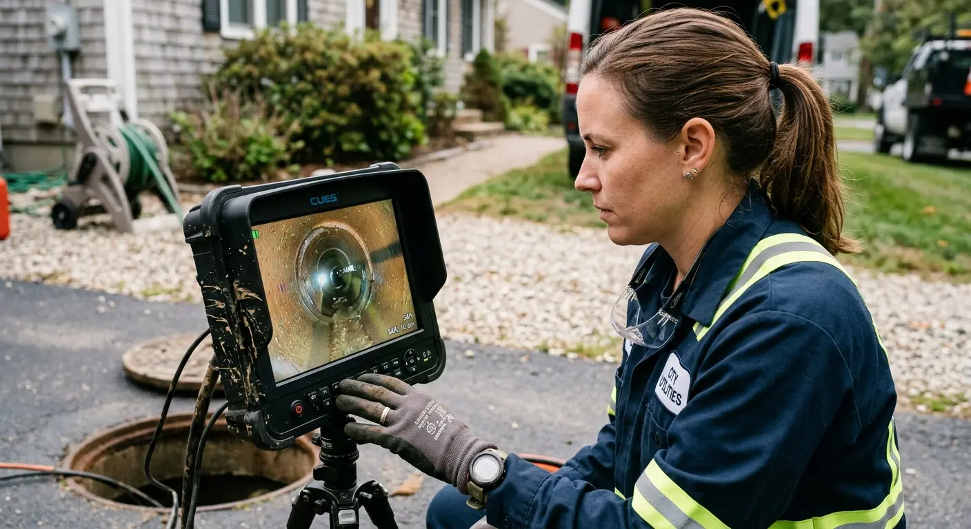 Technician reviewing sewer camera inspection footage in Odessa