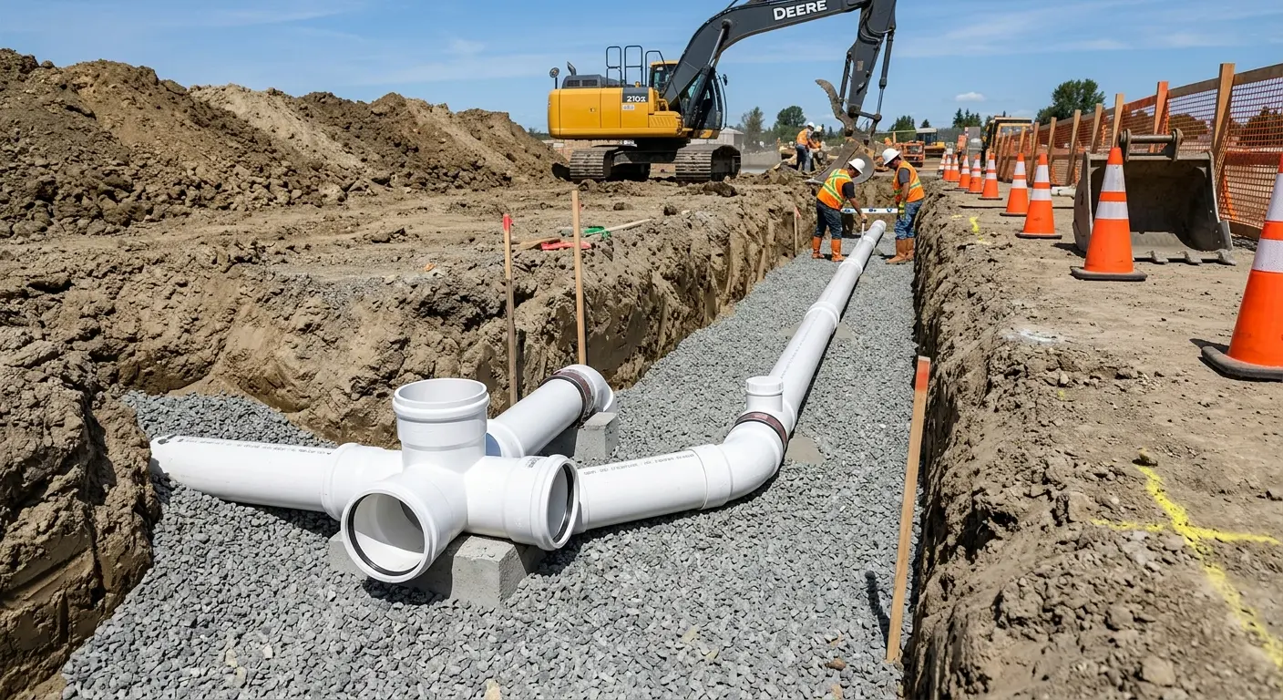 New PVC sewer pipe installation in open trench for Commercial Drain Cleaning in Odessa
