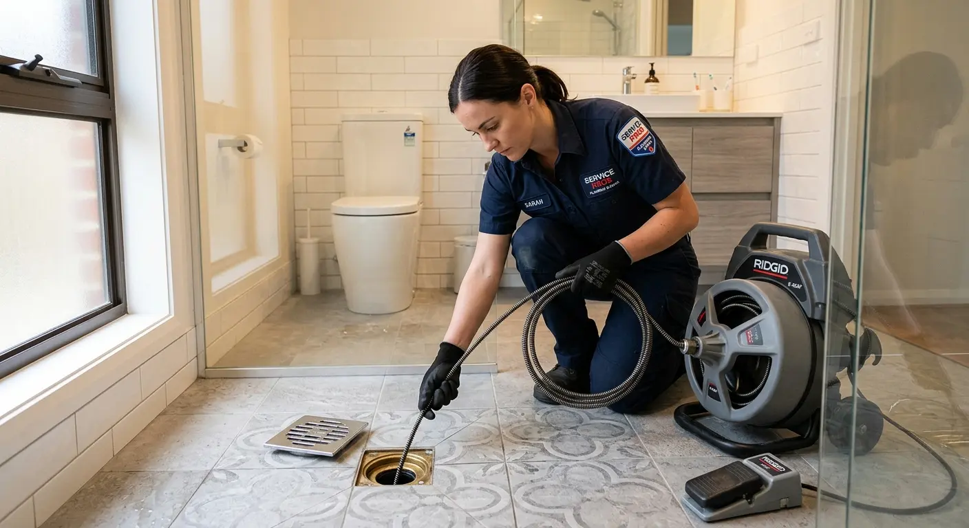 Technician clearing a bathroom floor drain for Drain Repair in Odessa